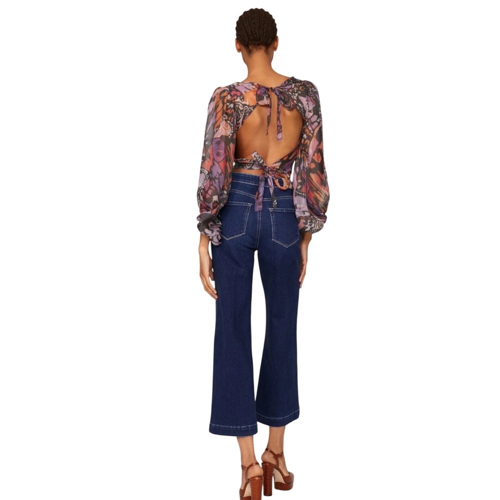 Hutch Hart Butterfly Print Open Back Crop Top Balloon Sleeve Purple Orange L - Picture 2 of 11